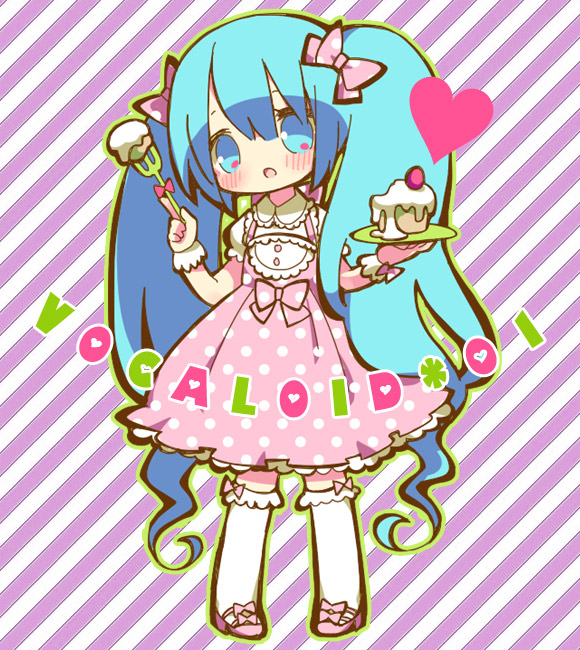 blue_eyes blue_hair blush bow cake chibi dress food fork frilled_kneehighs hair_bow hatsune_miku kneehighs long_hair maako_(pixiv54348) open_mouth pastry pink_dress plate polka_dot solo twintails very_long_hair vocaloid white_legwear wrist_cuffs