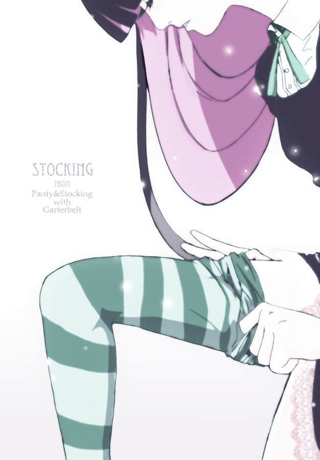 hime_cut multicolored_hair panty_&amp;_stocking_with_garterbelt purple_hair sock_pull solo stocking_(character) stocking_(psg) thigh-highs thighhighs two-tone_hair