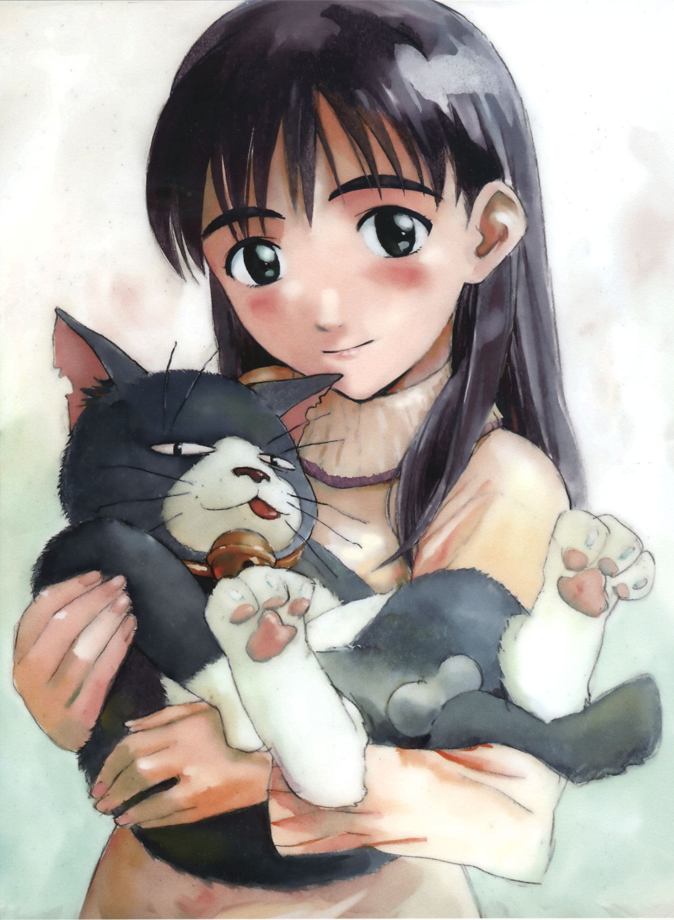1girl animal_ears artist_request bangs bell black_cat black_eyes black_hair blush cat cat_ears cat_tail flcl highres long_hair miyu_miyu neck_bell ninamori_eri simple_background source_request sweater tail testicles thick_eyebrows tongue turtleneck turtleneck_sweater white_background