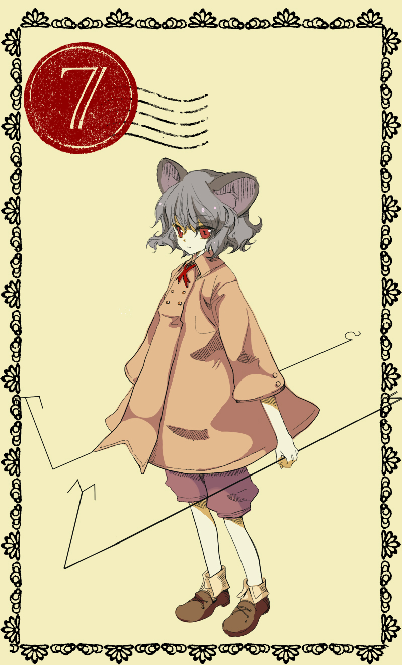 animal_ears bad_id coat contemporary grey_hair highres hisaomeiko mouse_ears nazrin postmark red_eyes short_hair solo touhou