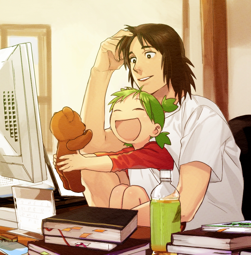 book bottle brown_hair child closed_eyes computer duralumin father_and_daughter green_hair happy icym koiwai_yotsuba monitor mr_koiwai open_mouth outstretched_arms quad_tails short_hair sitting sitting_on_person stuffed_animal stuffed_toy teddy_bear teeth yotsubato!