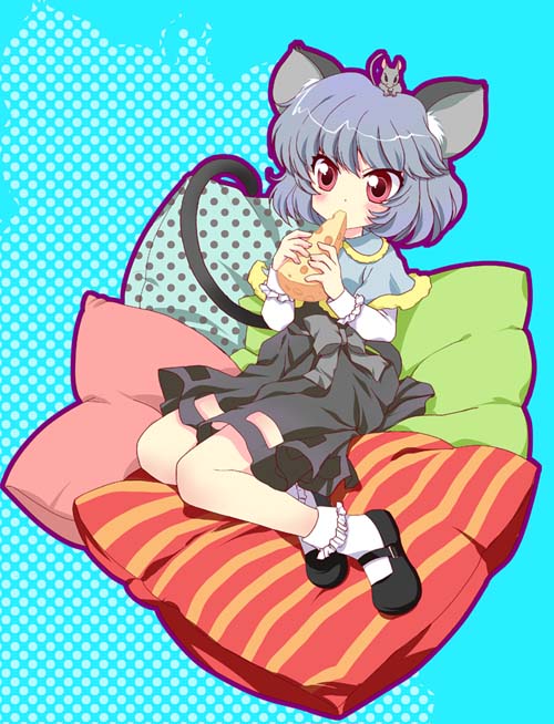 capelet cheese eating grey_hair jpeg_artifacts mary_janes masuyama_kei mouse mouse_ears mouse_tail nazrin pillow red_eyes shoes solo tail touhou