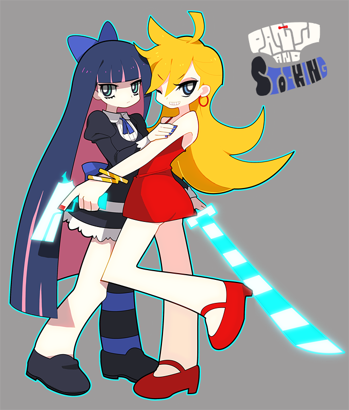 bad_id black_hair blonde_hair blue_eyes bow dadami dress earrings gun hair_bow jewelry multiple_girls panty_&amp;_stocking_with_garterbelt panty_(character) panty_(psg) shoes single_thighhigh smile stocking_(character) stocking_(psg) striped striped_legwear striped_thighhighs sword thigh-highs thighhighs weapon wink