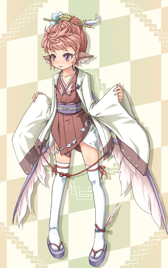 animal_ears clog_sandals japanese_clothes kanzashi kimono marujin mystia_lorelei pink_eyes pink_hair purple_eyes short_hair solo thigh-highs thighhighs touhou white_legwear white_thighhighs wings