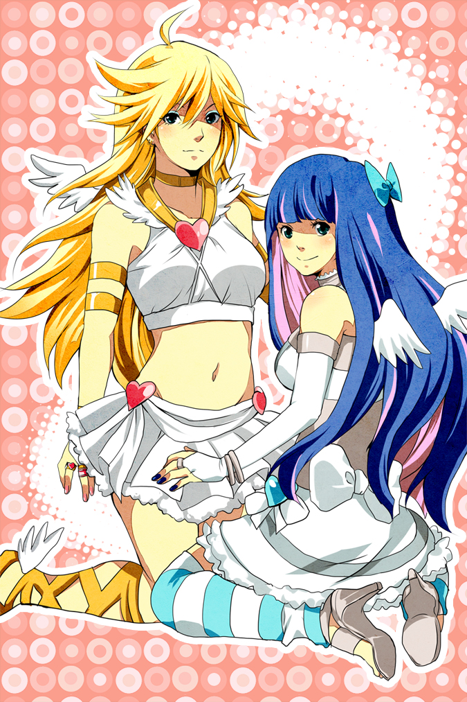 ahoge alternate_costume ankle_lace-up blonde_hair blue_eyes blue_hair bow bracelet cross-laced_footwear earrings hair_bow high_heels jewelry leg_warmers long_hair midriff multiple_girls navel panty_&amp;_stocking_with_garterbelt panty_(character) panty_(psg) ring shoes skirt smile stocking_(character) stocking_(psg) striped sukidaiyo4 thighhighs winged_shoes wings