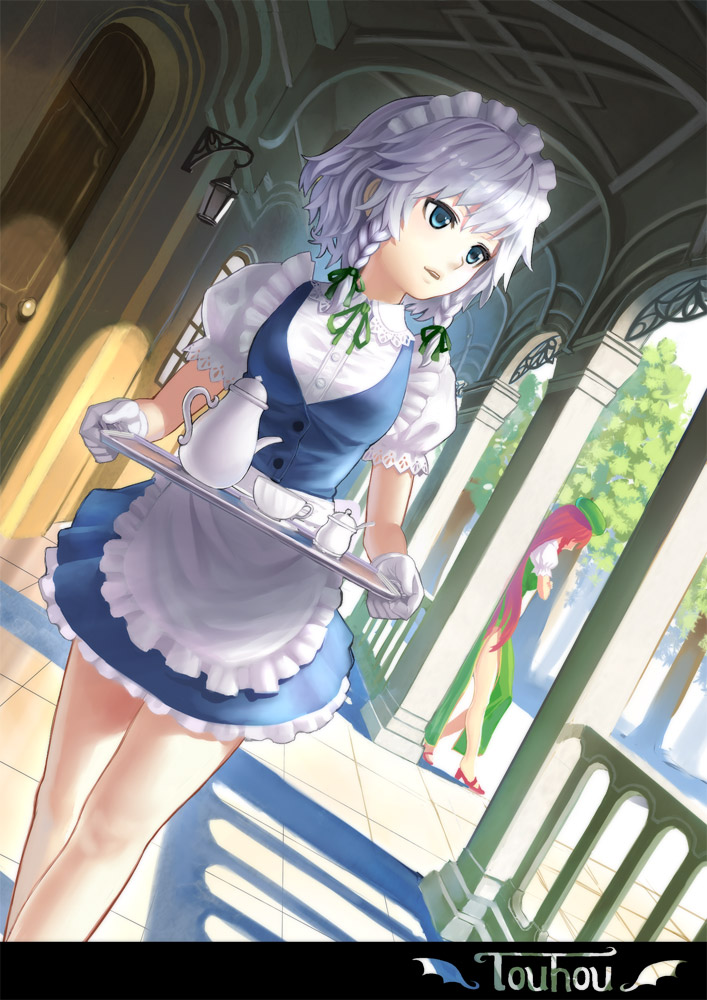 bare_legs blue_eyes braid china_dress chinese_clothes cup dutch_angle gloves hong_meiling izayoi_sakuya k+ lips long_hair maid maid_headdress multiple_girls red_hair revision short_hair side_slit silver_hair teacup teapot touhou tray twin_braids white_gloves