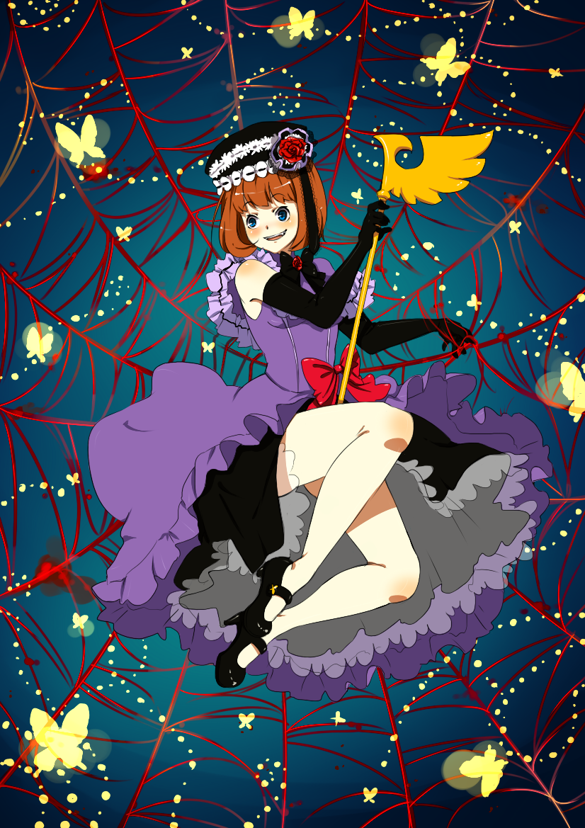 bad_id bare_shoulders blue_eyes bow breasts butterfly dress elbow_gloves eva_beatrice fang flower frills gloves grin hat legs mary_janes orange_hair red_rose ribbon rose shoes smile solo spider_web staff umineko_no_naku_koro_ni