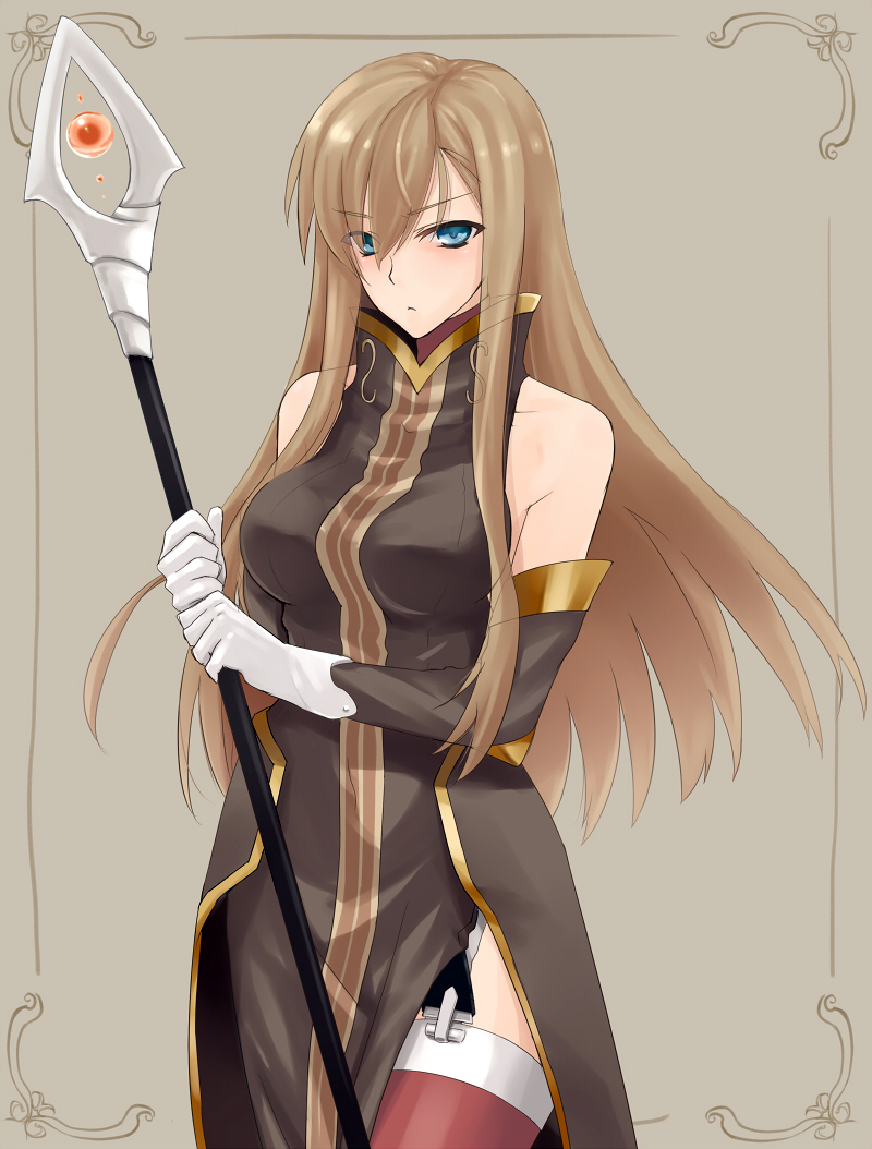 blue_eyes breasts brown brown_background brown_hair dress elbow_gloves gloves long_hair prime side_slit solo staff tabard tales_of_(series) tales_of_the_abyss tear_grants thigh-highs thighhighs