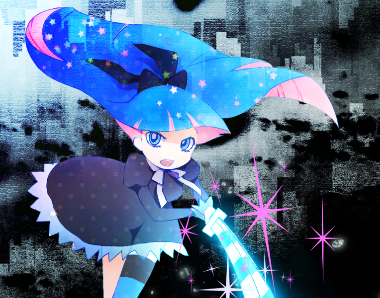 blue_hair bow floating_hair hair_bow kuuki long_hair official_style panty_&amp;_stocking_with_garterbelt serious single_thighhigh solo stocking_(character) stocking_(psg) striped striped_legwear striped_thighhighs sword thigh-highs thighhighs weapon