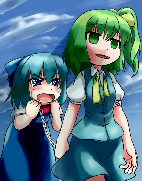 babato blue_eyes blue_hair bow chain cirno collar daiyousei dress empty_eyes green_eyes green_hair hair_bow leash multiple_girls open_mouth short_hair side_ponytail tears touhou wings