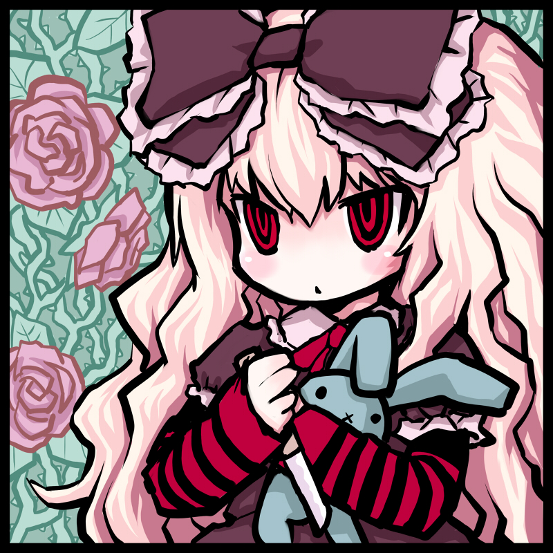 :x blonde_hair bunny character_request doll flower hair_ribbon kiira knife long_hair pink_rose rabbit red_eyes ribbon rose solo stuffed_animal stuffed_bunny stuffed_toy thorns vines