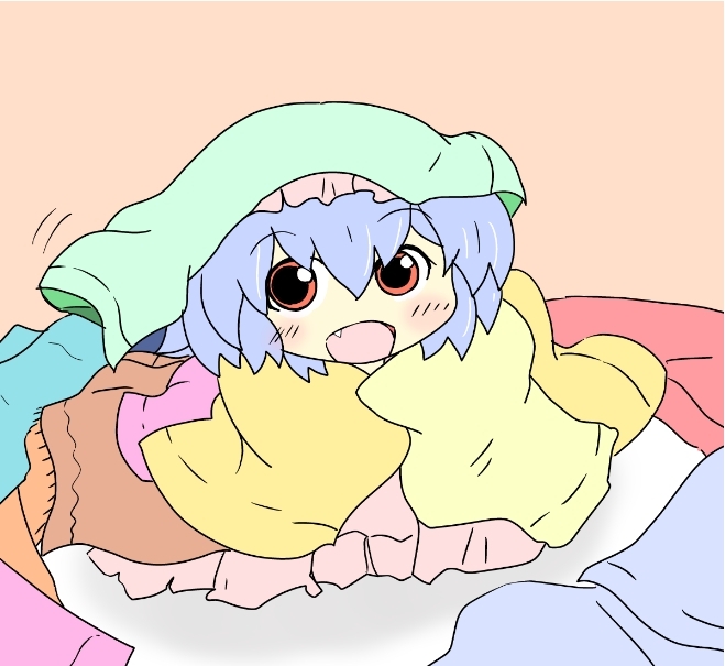 bad_id blue_hair blush chibi child fang happy hat laundry object_on_head open_mouth red_eyes remilia_scarlet smile solo touhou toutoto_(sunoures)