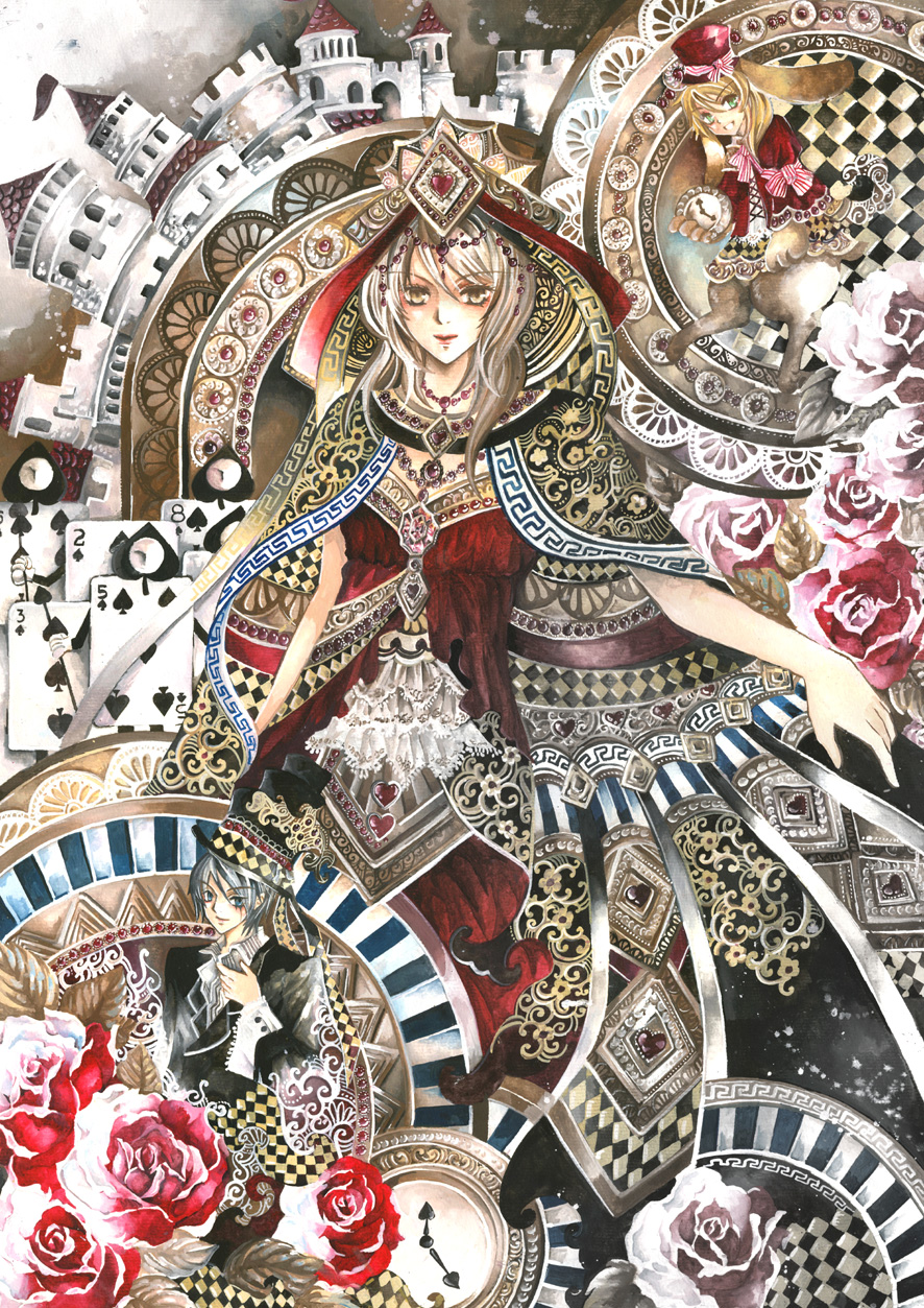 blonde_hair card card_creature cards castle diadem floating_card flower headdress highres jewelry laverinne mad_hatter necklace queen queen_of_hearts rose white_rabbit white_rose