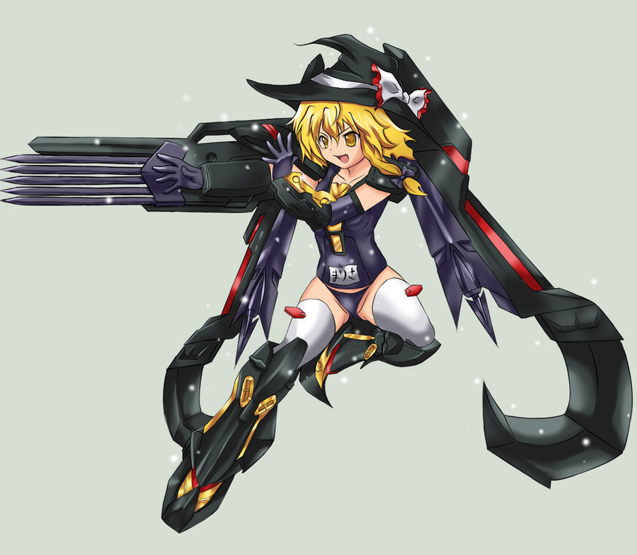 blonde_hair gundam gundam_astray_gold_frame_amatsu gundam_seed gundam_seed_astray hat kirisame_marisa mecha_musume school_swimsuit solo swimsuit swimsuit_costume thigh-highs thighhighs touhou witch_hat yellow_eyes yo-chaosangel