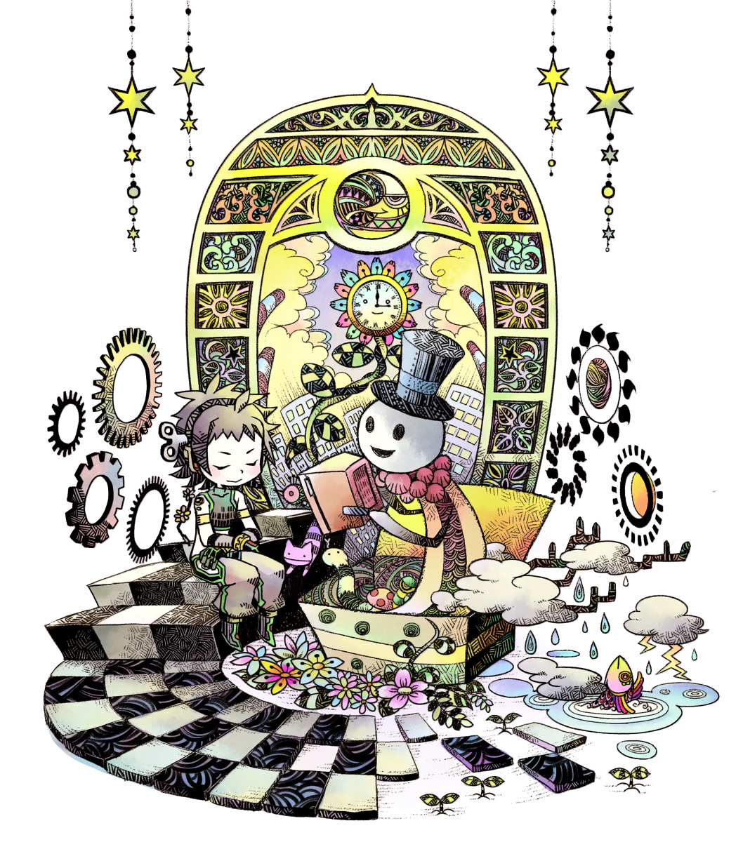 beanstalk cat city clock cloud flowers gears headphones highres jack_in_the_box lightning rain snake snowman stairs star ujuju