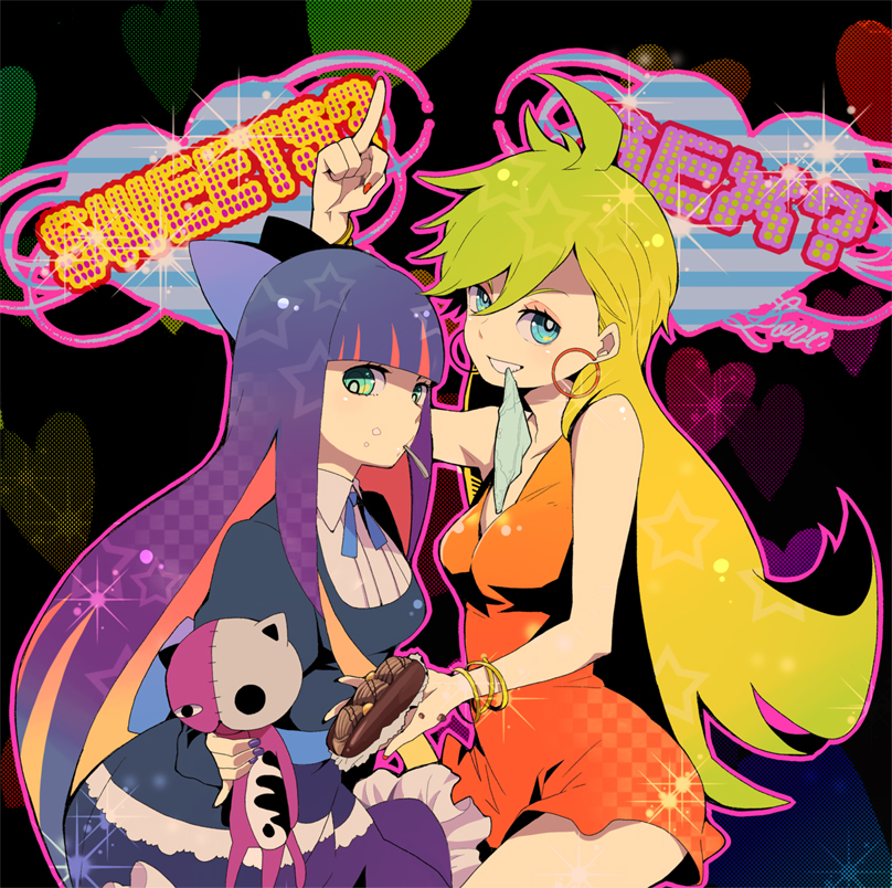 blonde_hair blue_eyes blue_hair bow cat conco conco_(kitakazeconcon) earrings eyeshadow hair_bow jewelry long_hair middle_finger mouth_hold multiple_girls panties panty_&amp;_stocking_with_garterbelt panty_(character) panty_(psg) pastry smile stocking_(character) stocking_(psg) underwear