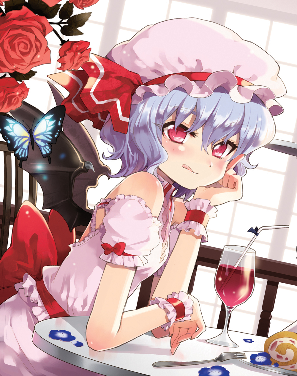 bare_shoulders bat_wings blue_hair butterfly cake chair chiba_sadoru cup drink dutch_angle flower food fork glass hat hat_ribbon highres lavender_hair red_eyes red_rose remilia_scarlet ribbon rose short_hair sitting solo straw table touhou wine_glass wings wrist_cuffs
