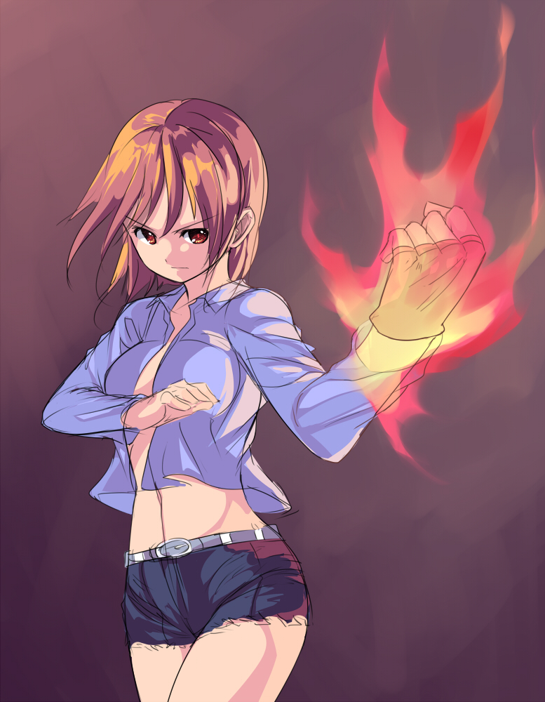 brown_eyes brown_hair burning_hand denim denim_shorts fighting_stance fingerless_gloves fire gloves midriff open_clothes open_shirt original saiste shirt short_hair shorts sketch solo