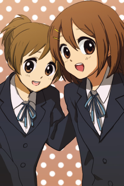 brown_eyes brown_hair hirasawa_ui hirasawa_yui k-on! ponytail school_uniform short_hair siblings sisters terasu