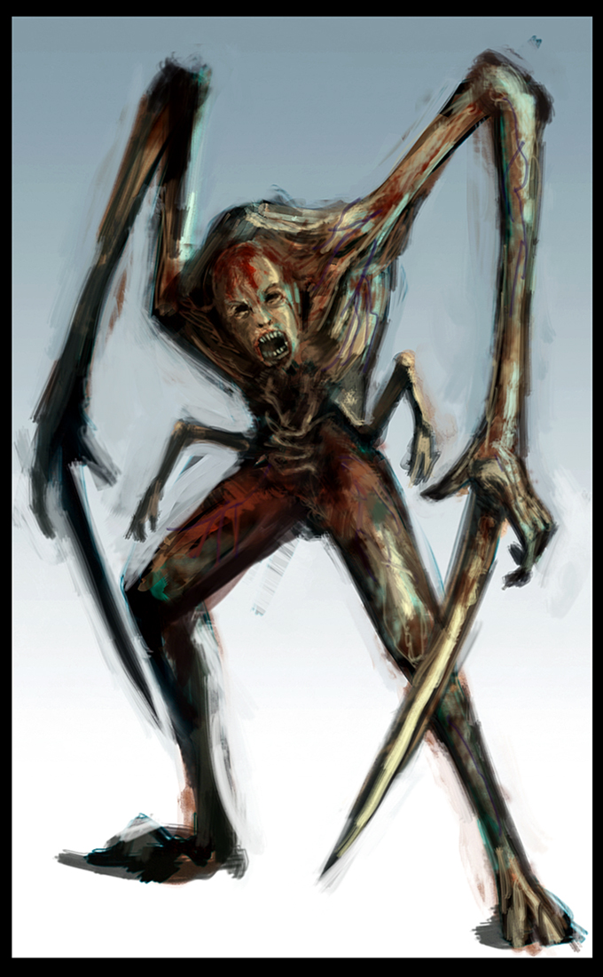 alien blood border claws dead_space extra_arms monster necromorph open_mouth pov pov_eye_contact science_fiction scythe simple_background solo standing