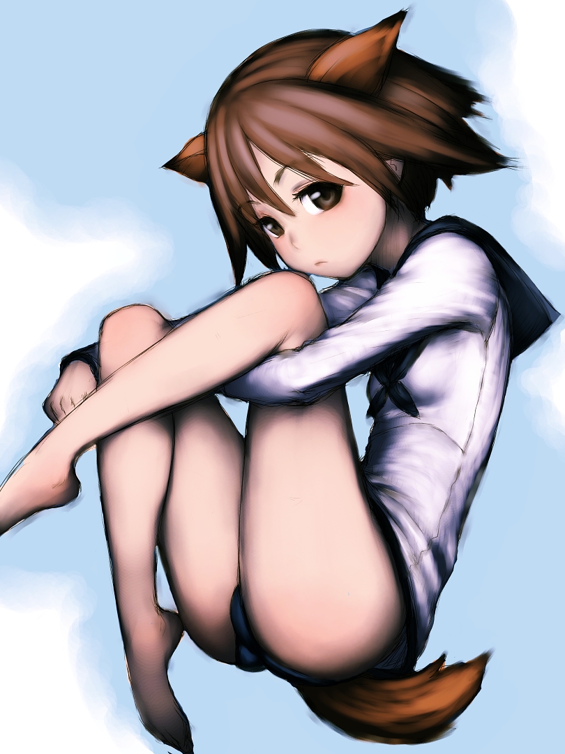 barefoot brown_eyes brown_hair cloud clouds dog_ears dog_tail humio midair miyafuji_yoshika short_hair sky solo strike_witches tail