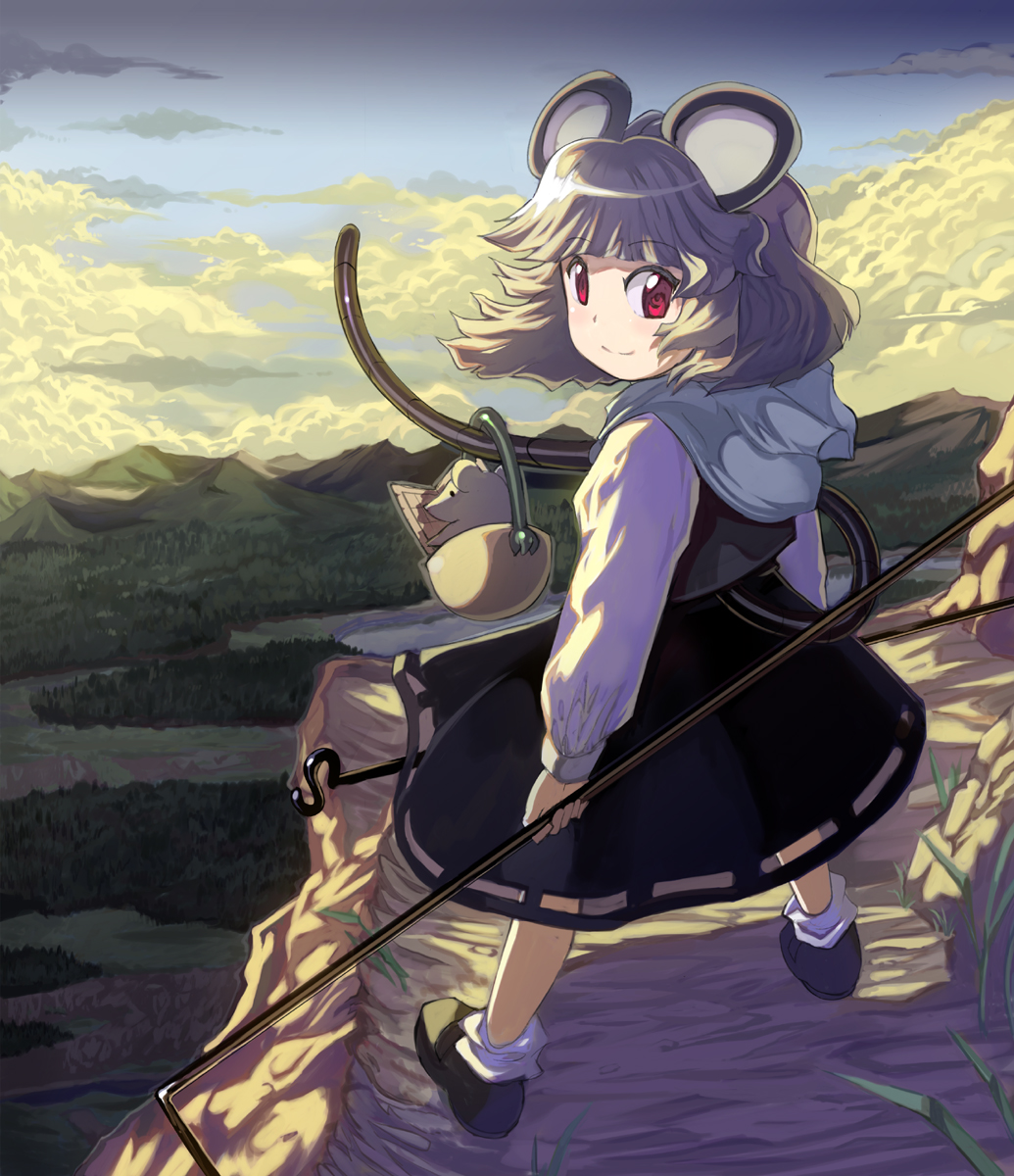 basket clouds dowsing_rod grey_hair highres landscape mountains mouse mouse_ears mouse_tail nazrin parody red_eyes river scenery shope short_hair solo style_parody tail touhou