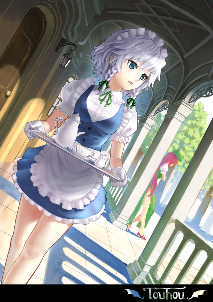 braid china_dress chinese_clothes cup duplicate gloves hong_meiling izayoi_sakuya k+ long_hair maid maid_headdress multiple_girls red_hair short_hair silver_hair teacup teapot touhou tray twin_braids