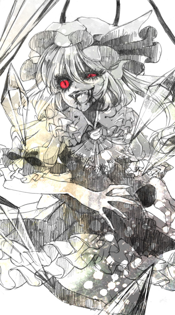 bad_id dress fangs flandre_scarlet frilly hat monochrome red_eye red_eyes rinko_(artist) rinko_(mg54) solo spot_color touhou vampire wings