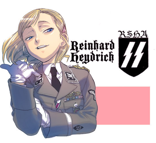 blonde_hair blue_eyes bust character_name genderswap gloves hiroe_rei military military_uniform nazi necktie politician reinhard_tristan_eugen_heydrich sigrunen solo uniform