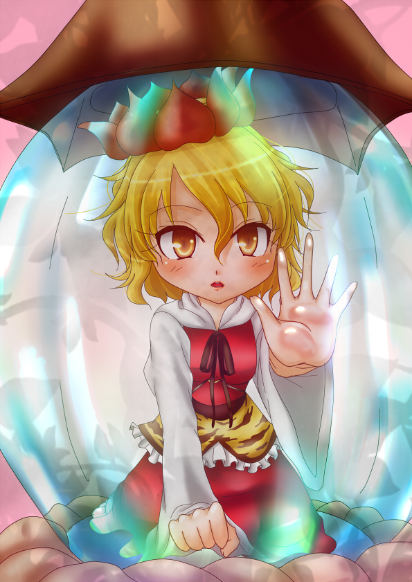 hair_ornament in_container jeweled_pagoda nyaw short_hair solo tiger_print toramaru_shou touhou yellow_eyes