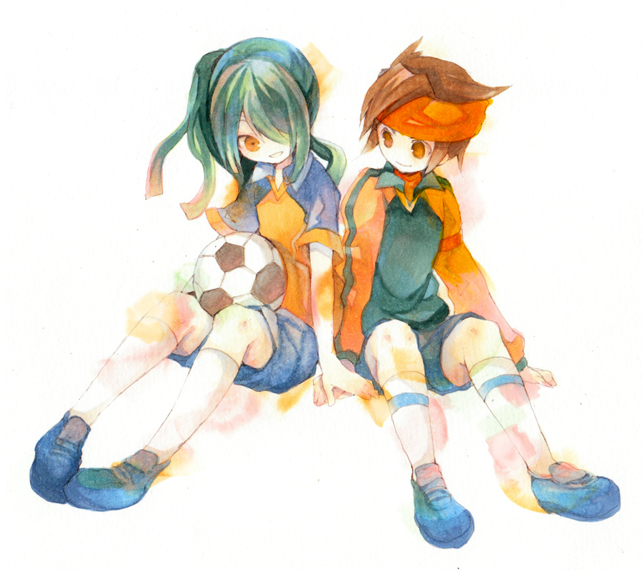 ball brown_hair endou_mamoru green_hair hair_over_one_eye headband holding_hands inazuma_eleven kazemaru_ichirouta light_smile multiple_boys open_mouth orange_eyes ponytail sabutarou short_hair sitting smile soccer_ball telstar