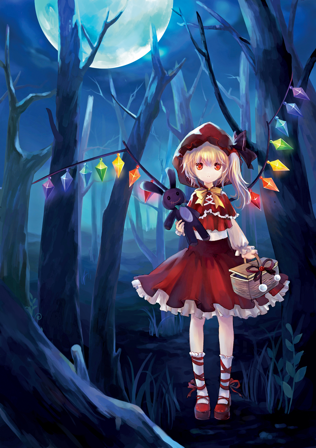 ankle_lace-up bare_tree basket blonde_hair bow bowtie capelet cross-laced_footwear dress flandre_scarlet forest full_moon grimm's_fairy_tales highres hood leg_ribbon little_red_riding_hood little_red_riding_hood_(character) little_red_riding_hood_(grimm) moon nataku39 nature night parody picnic_basket red_eyes short_hair side_ponytail solo stuffed_animal stuffed_bunny stuffed_rabbit stuffed_toy touhou tree wings