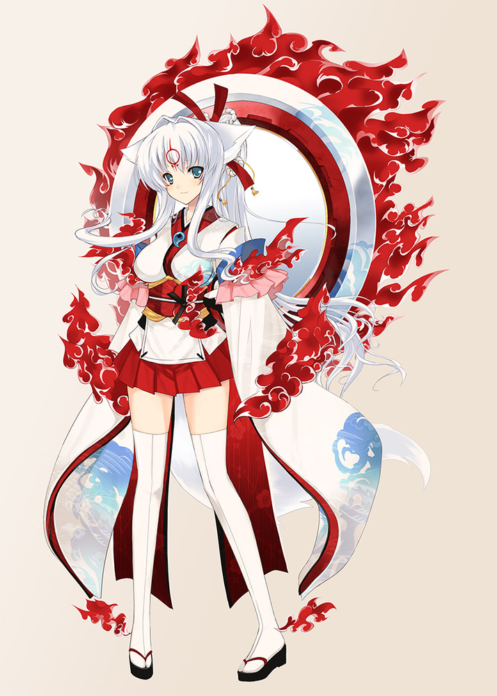 1girl achunchun amaterasu animal_ears blue_eyes chun_(friendly_sky) facial_mark female fire hair_ornament japanese_clothes jewelry kimono okami personification ponytail ring solo tail thighhighs white_hair white_legwear wolf wolf_ears wolf_tail