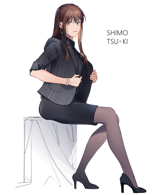 1girl black_footwear black_skirt brown_eyes brown_hair closed_mouth freckles full_body grey_jacket grey_legwear high_heels jacket kistina long_hair looking_at_viewer miniskirt open_clothes open_jacket pantyhose pencil_skirt psycho-pass pumps shimotsuki_mika shiny shiny_hair simple_background sitting skirt sleeves_rolled_up solo straight_hair striped striped_jacket vertical-striped_jacket vertical_stripes white_background
