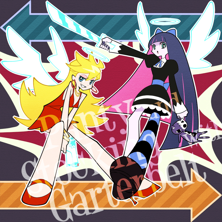 angel_wings aqua_eyes blonde_hair blue_eyes blue_hair bow dress earrings gun hair_bow halo jewelry long_hair multiple_girls panty_&amp;_stocking_with_garterbelt panty_(character) panty_(psg) smile stocking_(character) stocking_(psg) striped striped_legwear striped_thighhighs sword thigh-highs thighhighs weapon wings yui_(kanatamoo)