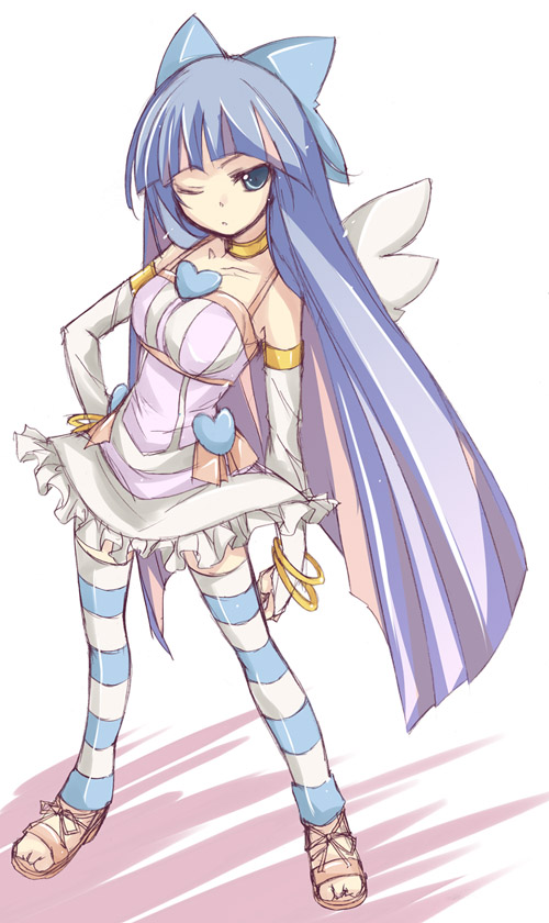 bare_shoulders blue_eyes blue_hair bow hair_bow hand_on_hip legs panty_&amp;_stocking_with_garterbelt sandals simple_background skirt solo stocking_(character) stocking_(psg) striped striped_legwear striped_thighhighs thigh-highs thighhighs wink yumesato_makura
