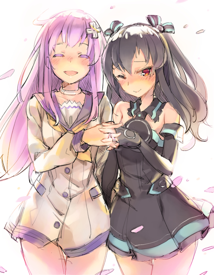 2girls bare_shoulders black_hair blush bow breasts choker choujigen_game_neptune closed_eyes couple d-pad dress elbow_gloves gebyy-terar gloves hair_bow hair_ornament interlocked_fingers jewelry long_hair looking_at_viewer multiple_girls nepgear neptune_(series) open_mouth petals purple_hair red_eyes ring simple_background sketch smile two_side_up uni_(choujigen_game_neptune) wedding_band white_background yuri