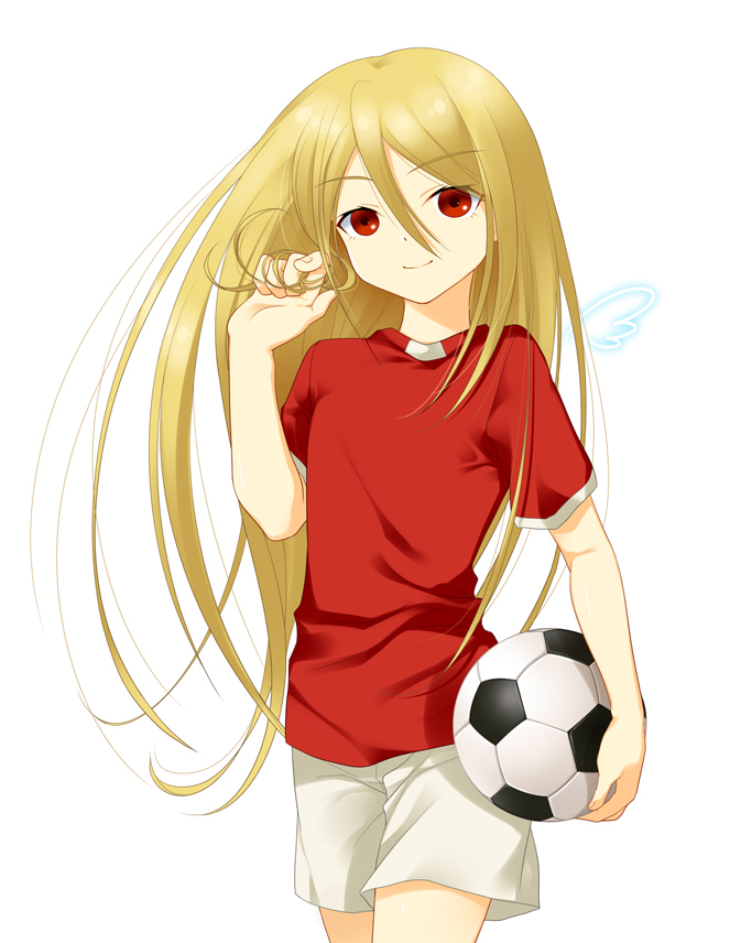 afuro_terumi aphrodi ball blonde_hair hair_twirling holding inazuma_eleven long_hair p.kibi red_eyes shorts soccer_ball t-shirt telstar trap