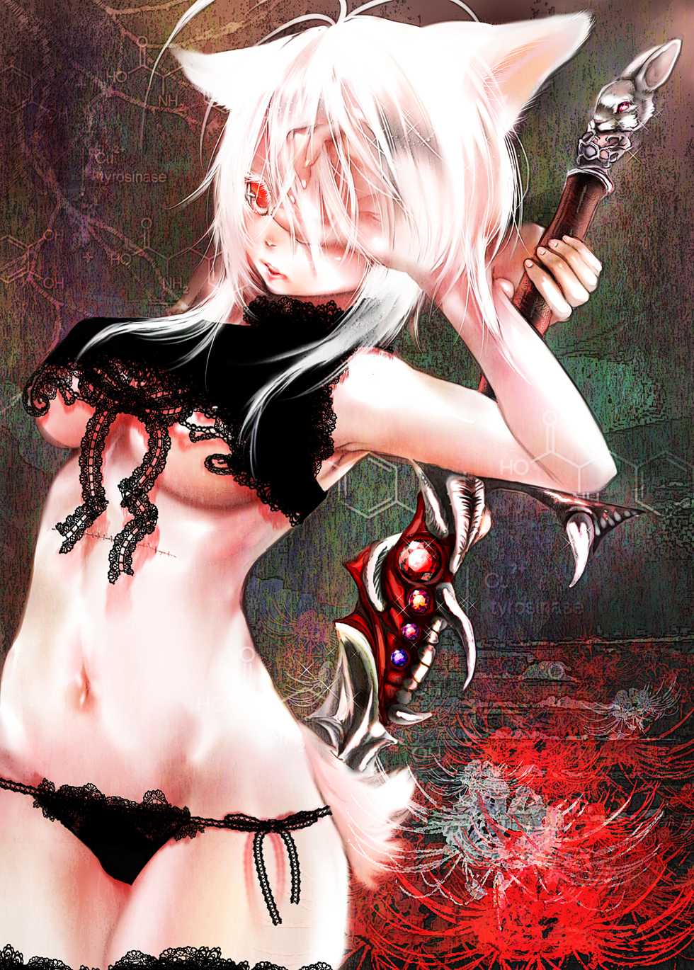armpits bad_id breasts bunny character_request didi_amen highres navel original panties rabbit red_eyes scar side-tie_panties solo stitches sword tail thighhighs under_boob underboob underwear weapon white_hair