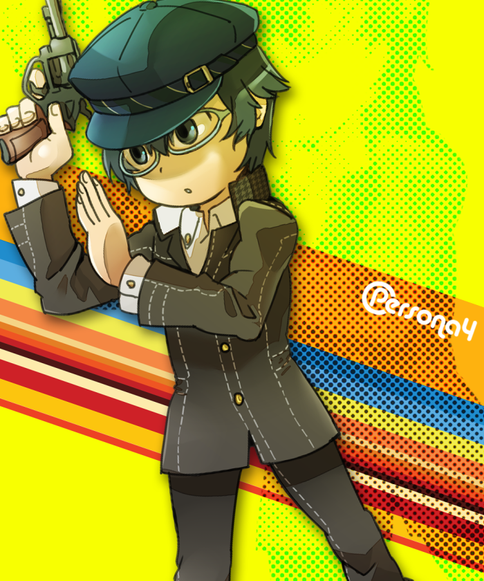 androgynous bad_id black_eyes blue_eyes blue_hair cabbie_hat glasses gun handgun hat persona persona_4 reverse_trap revolver school_uniform shirogane_naoto short_hair solo weapon yukataro