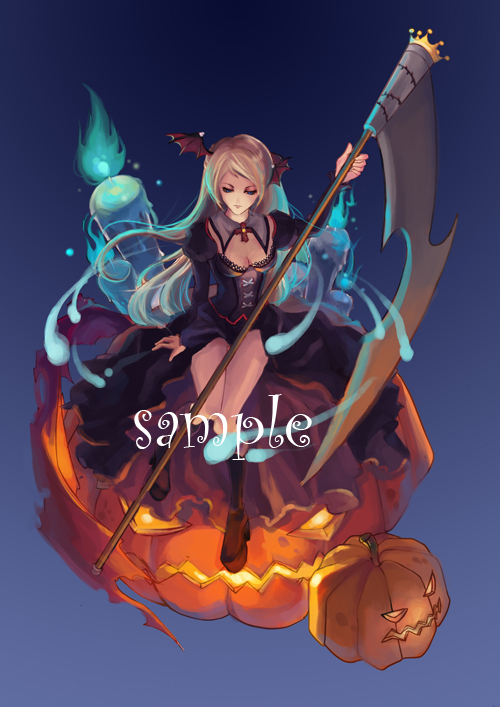blue_fire boots breasts candle cleavage demon_girl dress fire ghost head_wings legs long_hair nataku39 pumpkin sample scythe simple_background sitting weapon