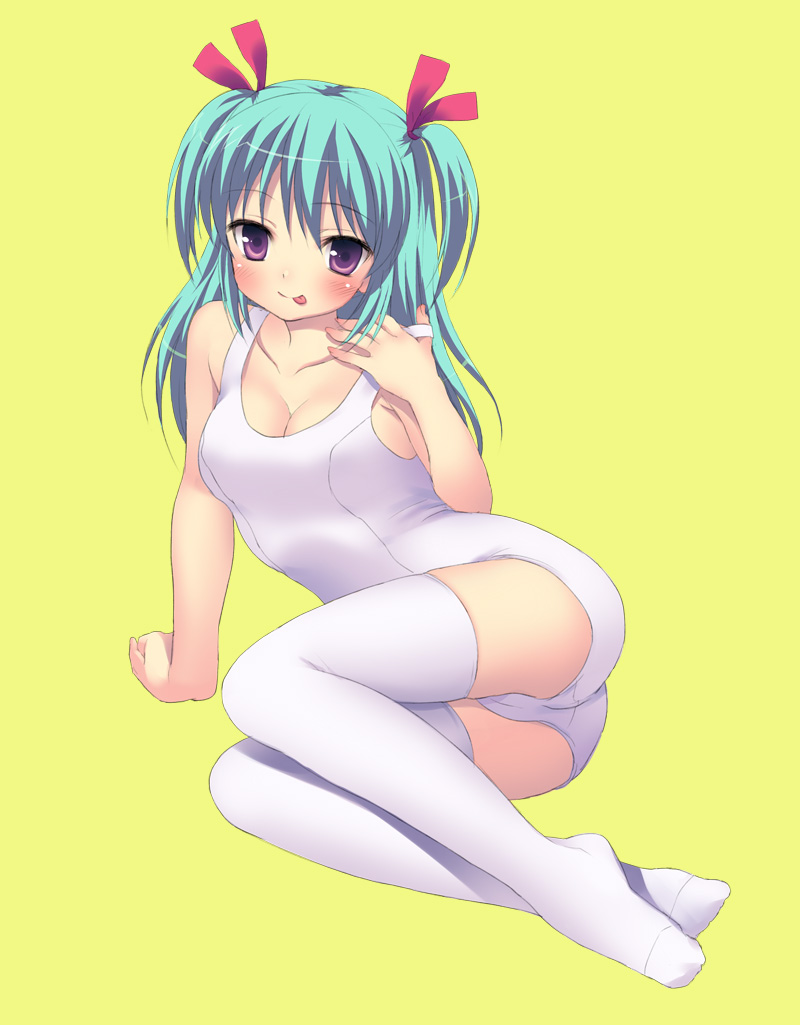 :p aqua_hair arm_support ass blush breasts cleavage hair_ribbon legs lying on_side one-piece_swimsuit original purple_eyes ribbon school_swimsuit short_twintails solo suzu_(kosakabe) swimsuit thigh-highs thighhighs tongue twintails violet_eyes white_legwear white_school_swimsuit white_thighhighs