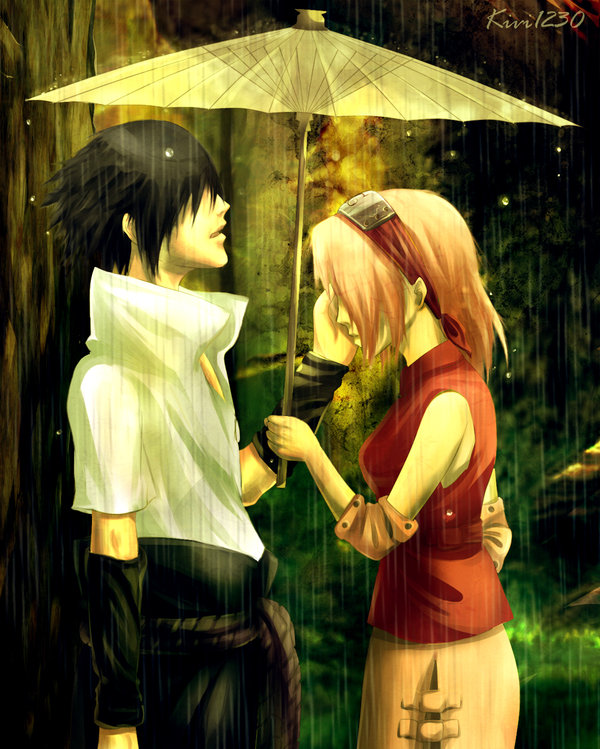 black_hair couple haruno_sakura kivi1230 naruto pink_hair rain uchiha_sasuke umbrella
