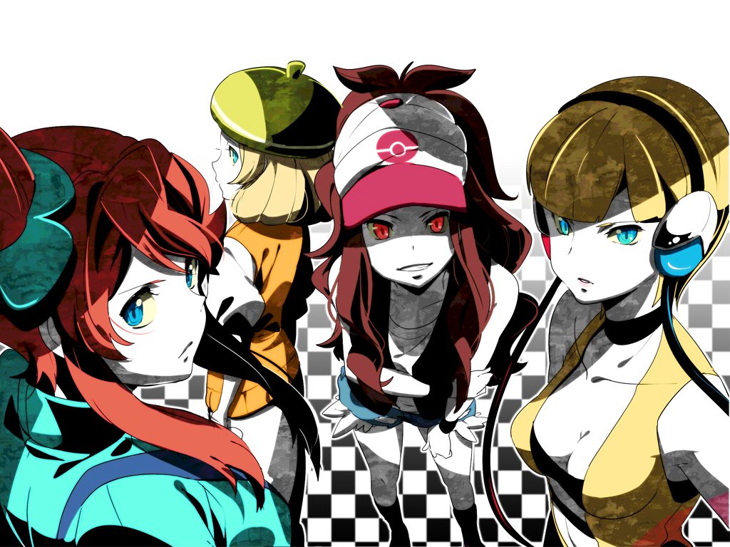 belle_(pokemon) breasts checkered checkered_background fuuro_(pokemon) kamitsure_(pokemon) pokemon pokemon_(game) pokemon_bw rape_face shuri_(84k) touko_(pokemon)