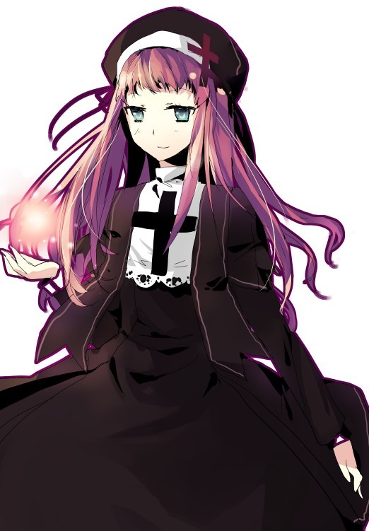 1girl black_dress blue_eyes character_request cross dress hat long_hair mushiuta purple_hair simple_background solo white_background yotsuba_(mushiuta) zeko