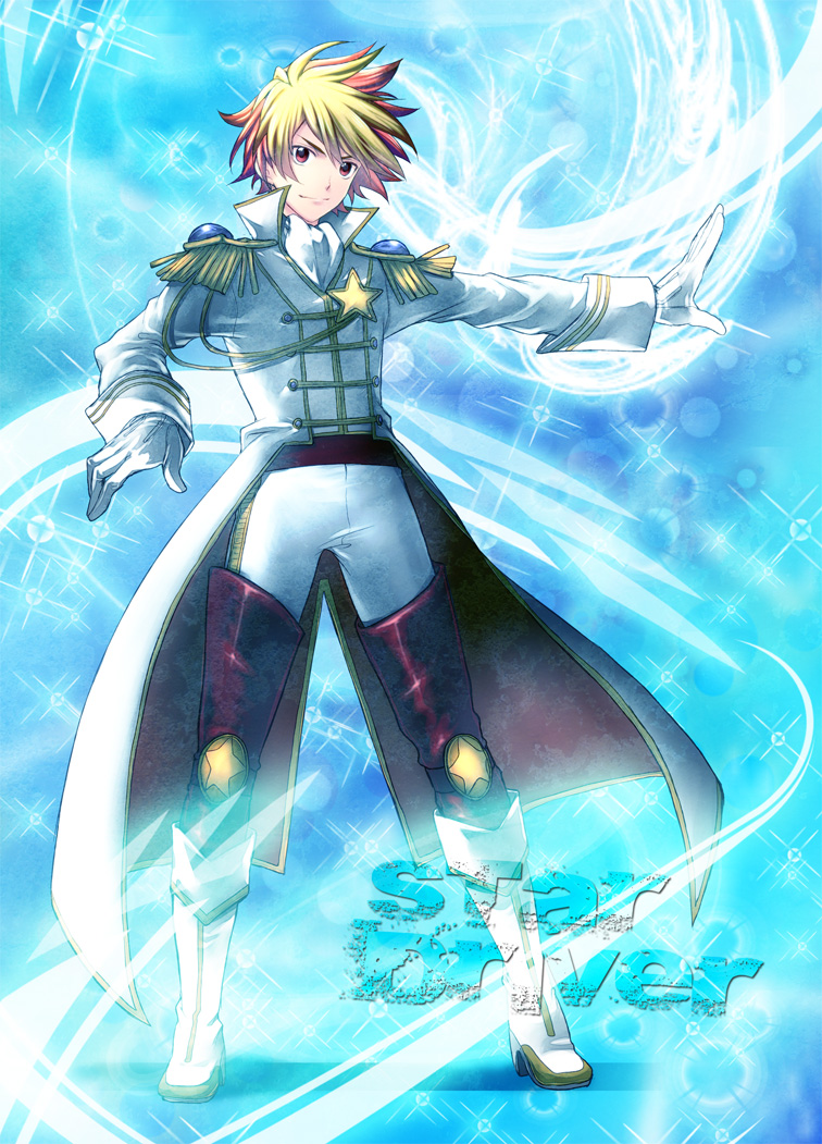boots coat energy fabulous light long_sleeves male multicolored_hair pose red_eyes red_hair redhead smile solo star star_driver tsunashi_takuto two-tone_hair