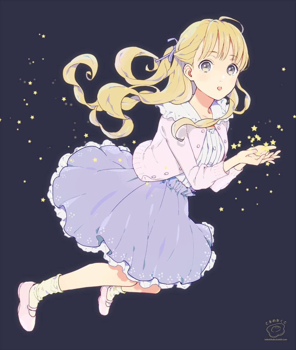 1girl blonde_hair cardigan cupping_hands dark_background dress floating floating_hair grey_eyes hair_ribbon half_updo long_hair mary_janes mosuko open_mouth original ribbon shoes solo star tagme