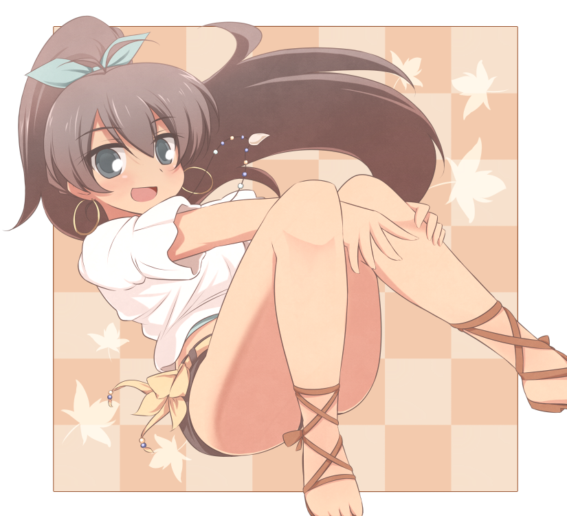 ankle_lace-up black_hair blue_eyes blush bow checkered checkered_background cross-laced_footwear earrings flower ganaha_hibiki hair_bow hoop_earrings idolmaster jewelry legs long_hair necklace open_mouth ponytail sandals shoes short_shorts shorts smile solo van-s