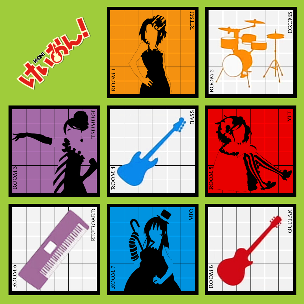 akiyama_mio album_cover cover don't_say_lazy drum guitar hirasawa_susumu hirasawa_yui instrument k-on! kotobuki_tsumugi parody poyo silhouette synthesizer tainaka_ritsu