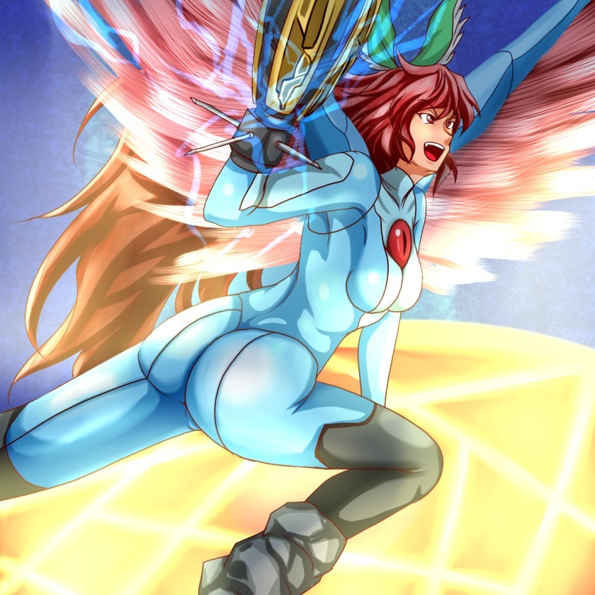 arm_cannon ass bow breasts brown_hair crossover error hair_bow long_hair metroid nintendo red_eyes reiuji_utsuho solo tom_(remisaku) touhou weapon wings zero_suit